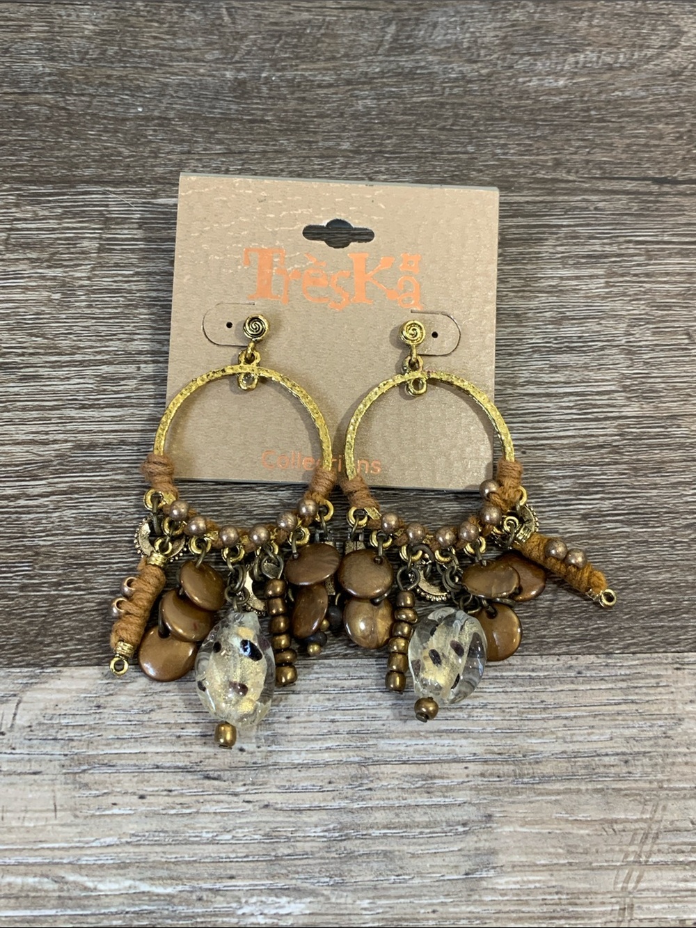 Treska Gold-Tone Hoop Earrings with Brown Beads and Glass Drops